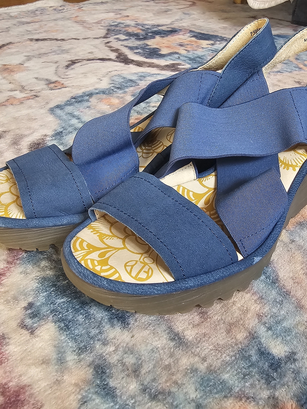Fly London Blue Leather & Elastic Strap Platform Sandals - Picture 1 of 11